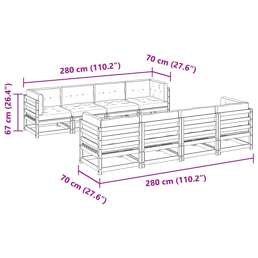 9-delige Loungeset met kussens massief grenenhout wasbruin