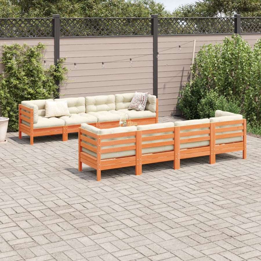 9-delige Loungeset met kussens massief grenenhout wasbruin