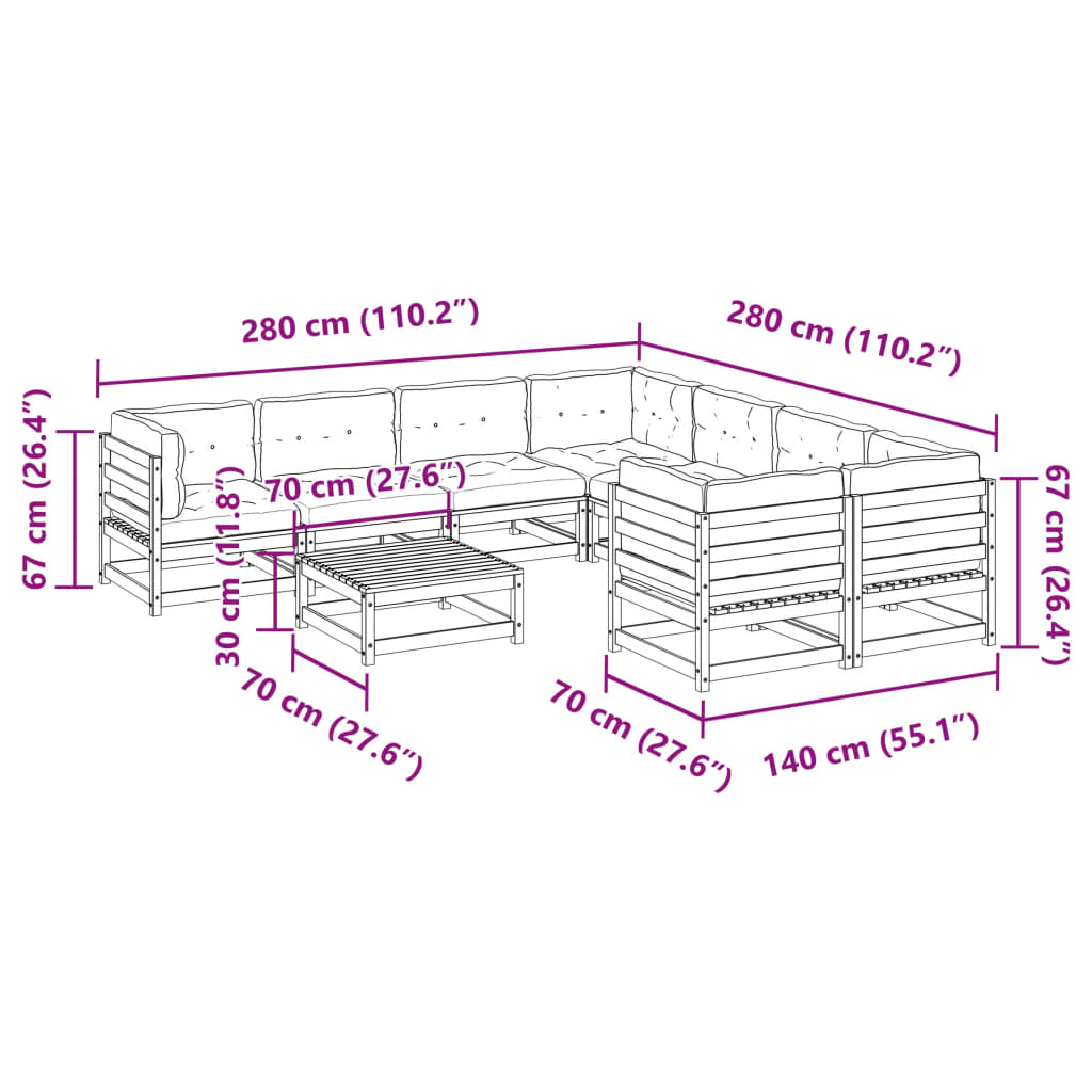 9-delige Loungeset met kussens massief grenenhout