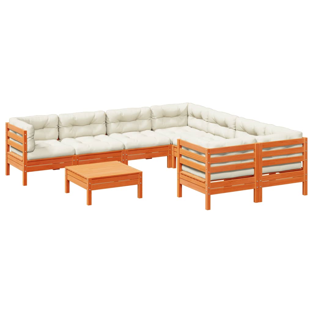 9-delige Loungeset met kussens massief grenenhout wasbruin