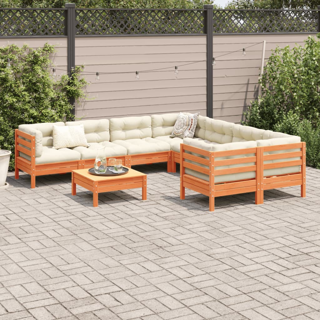 9-delige Loungeset met kussens massief grenenhout wasbruin