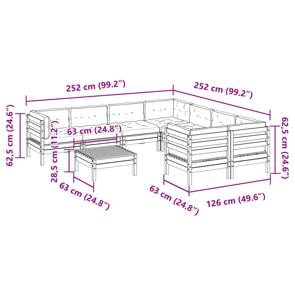 9-delige Loungeset met kussens massief douglas vurenhout