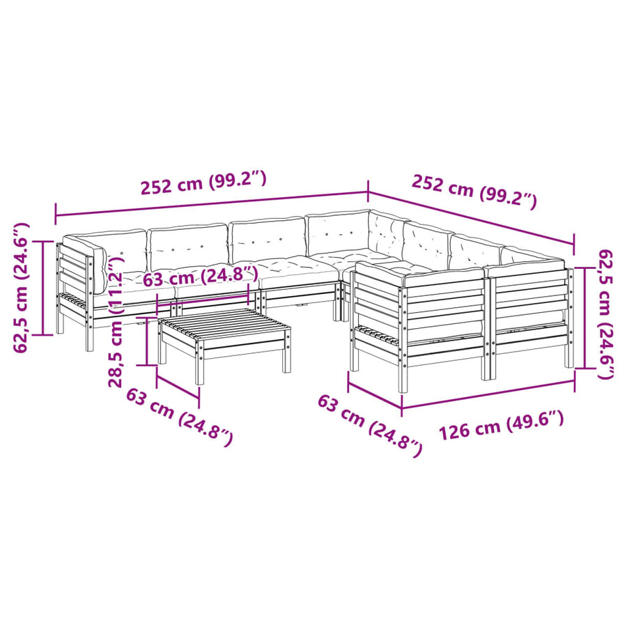 9-delige Loungeset met kussens massief douglas vurenhout