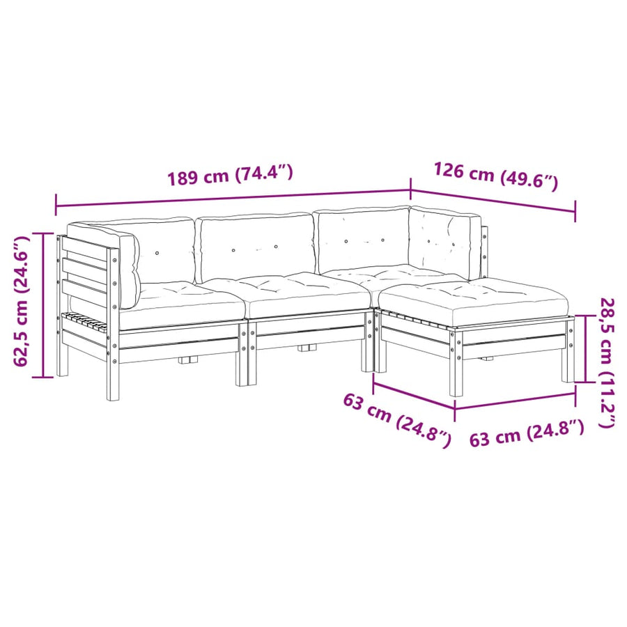 4-delige Loungeset met kussens massief grenenhout wasbruin
