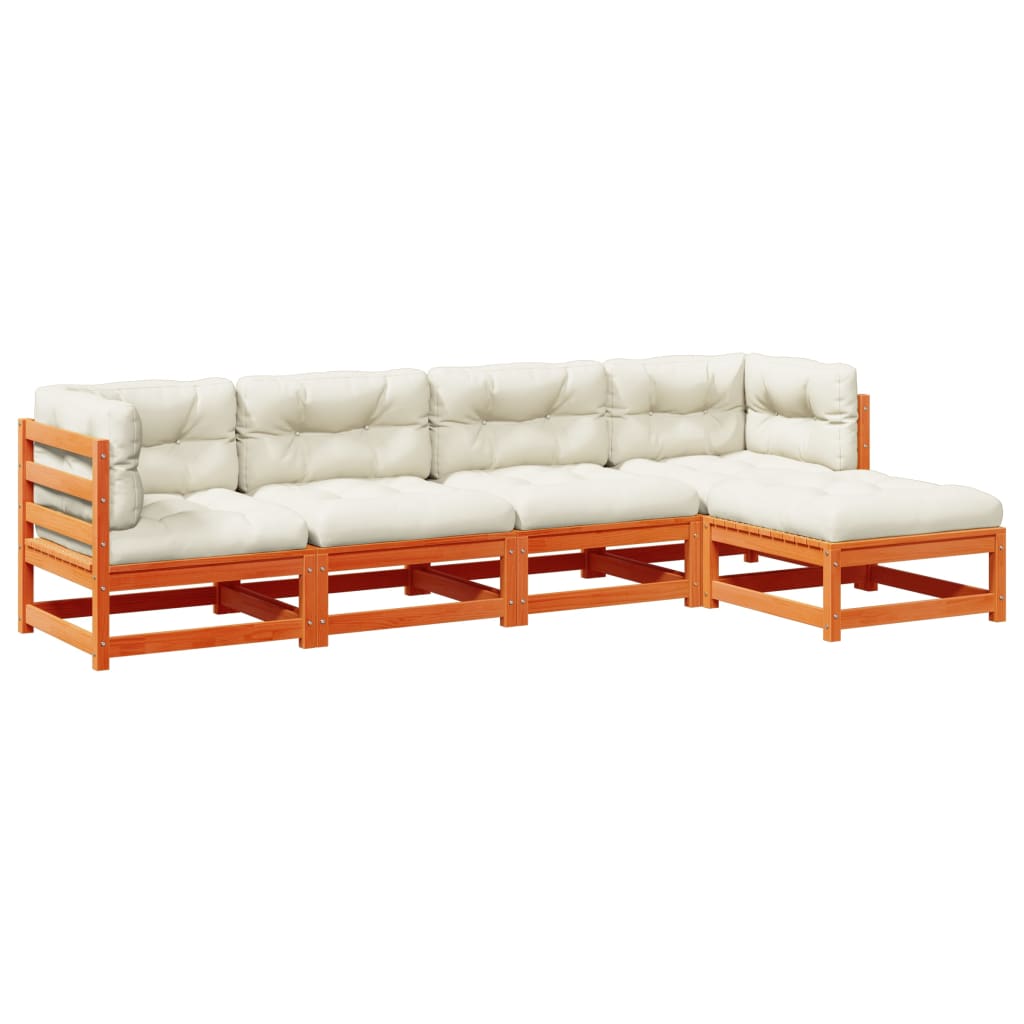 5-delige Loungeset met kussens massief grenenhout wasbruin