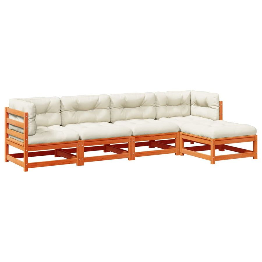 5-delige Loungeset met kussens massief grenenhout wasbruin