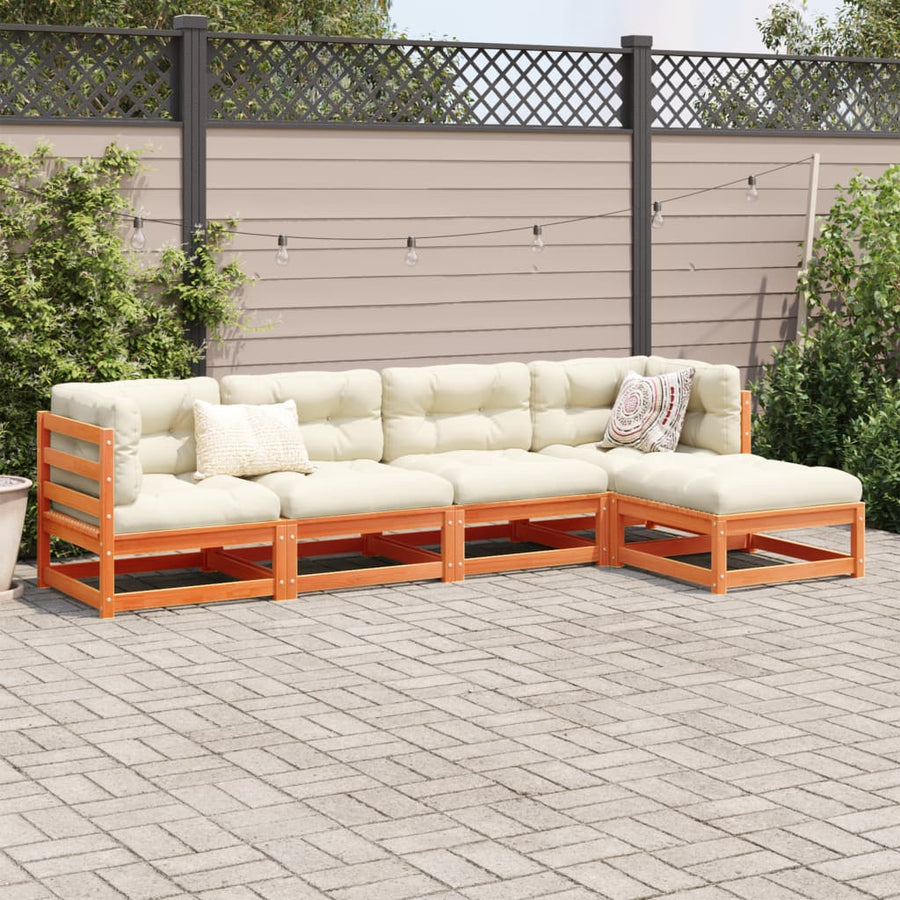 5-delige Loungeset met kussens massief grenenhout wasbruin
