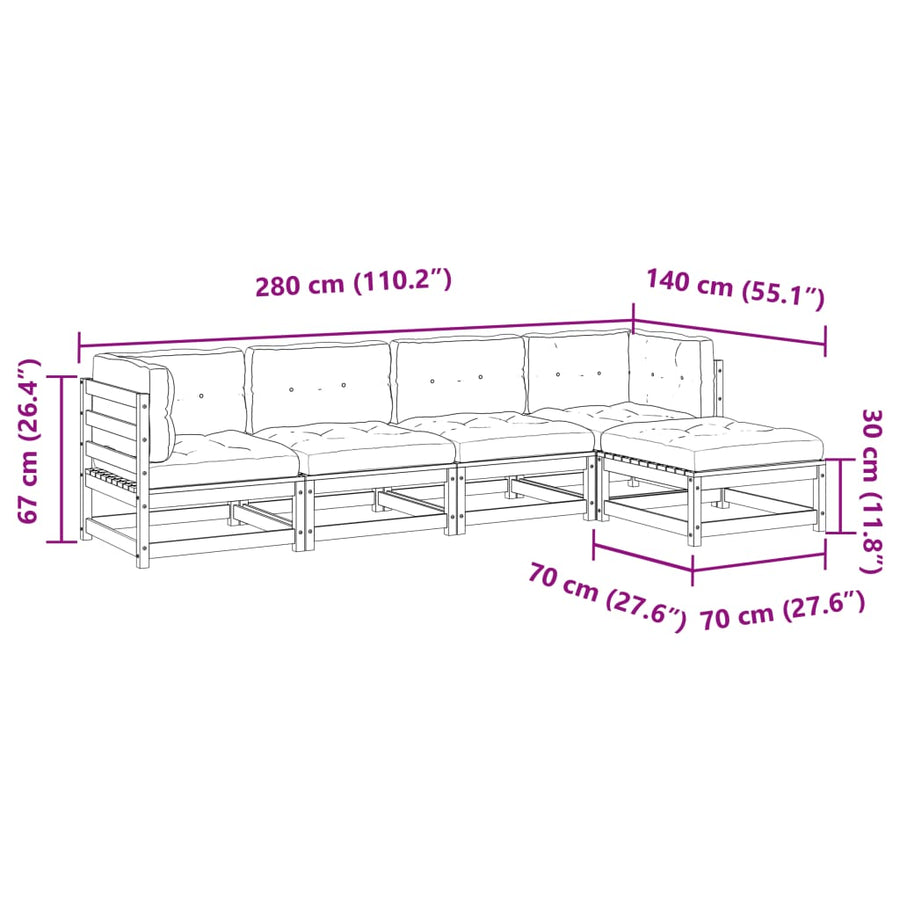 5-delige Loungeset met kussens massief grenenhout wasbruin