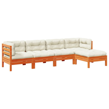 5-delige Loungeset met kussens massief grenenhout wasbruin
