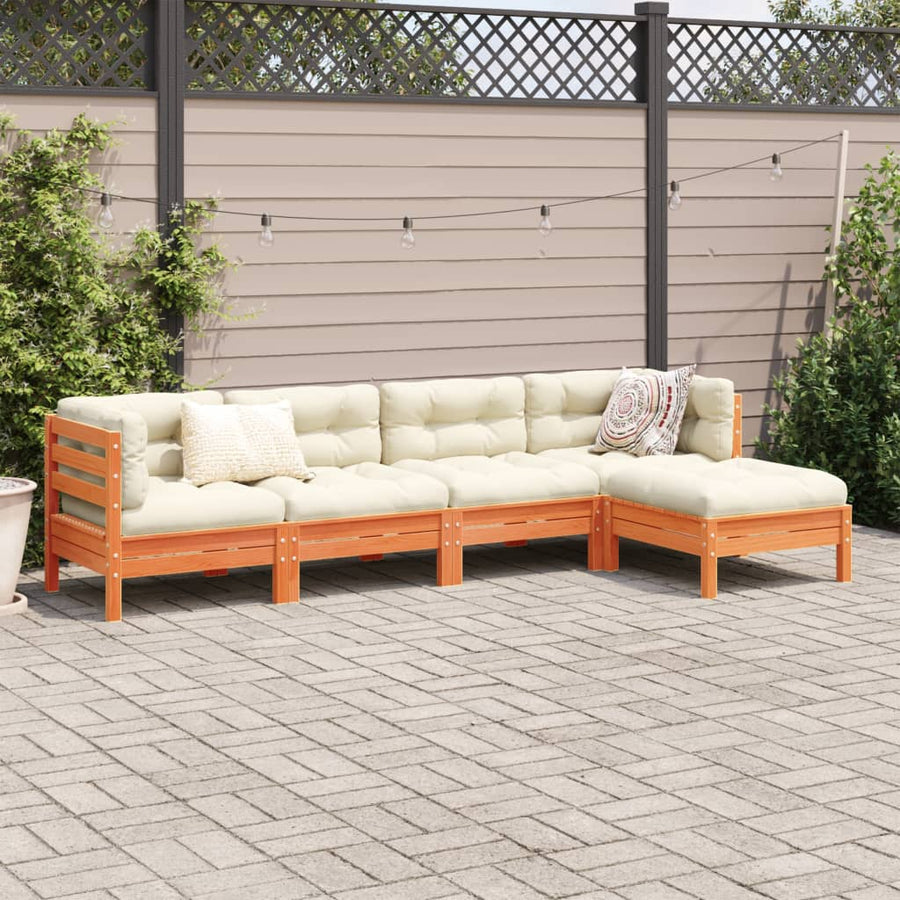 5-delige Loungeset met kussens massief grenenhout wasbruin