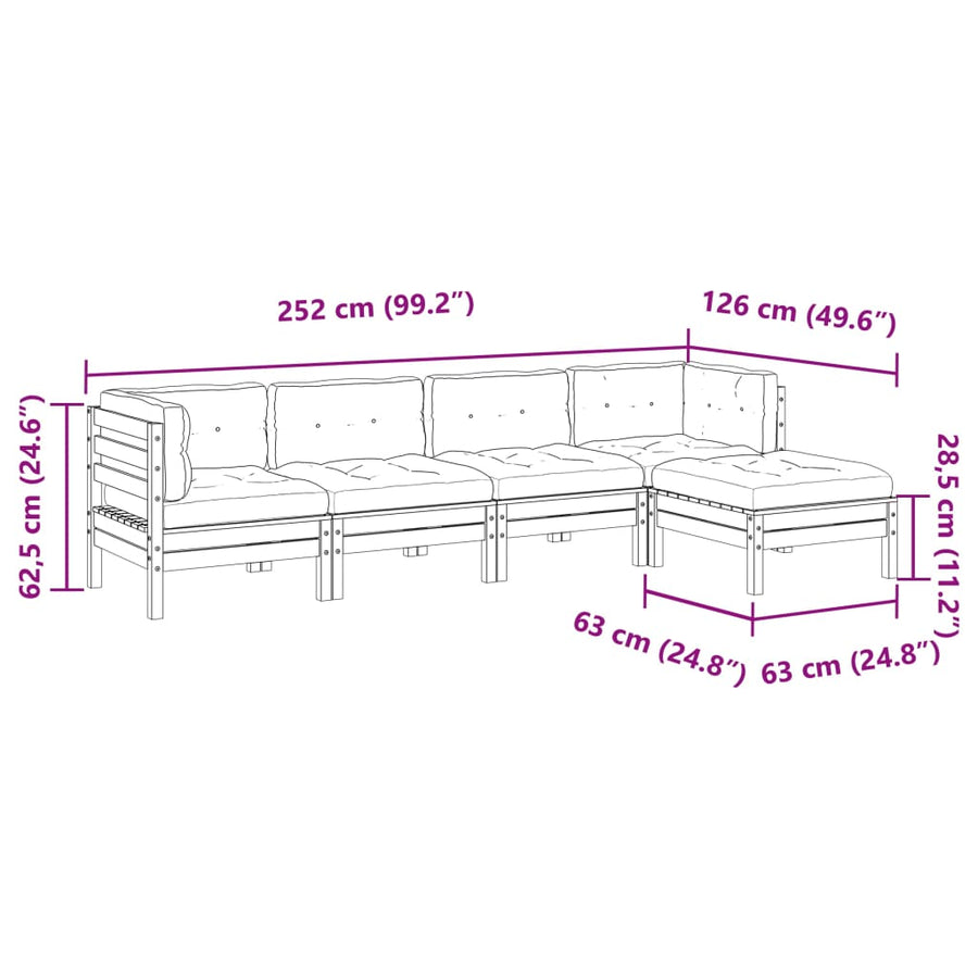 5-delige Loungeset met kussens massief douglas vurenhout
