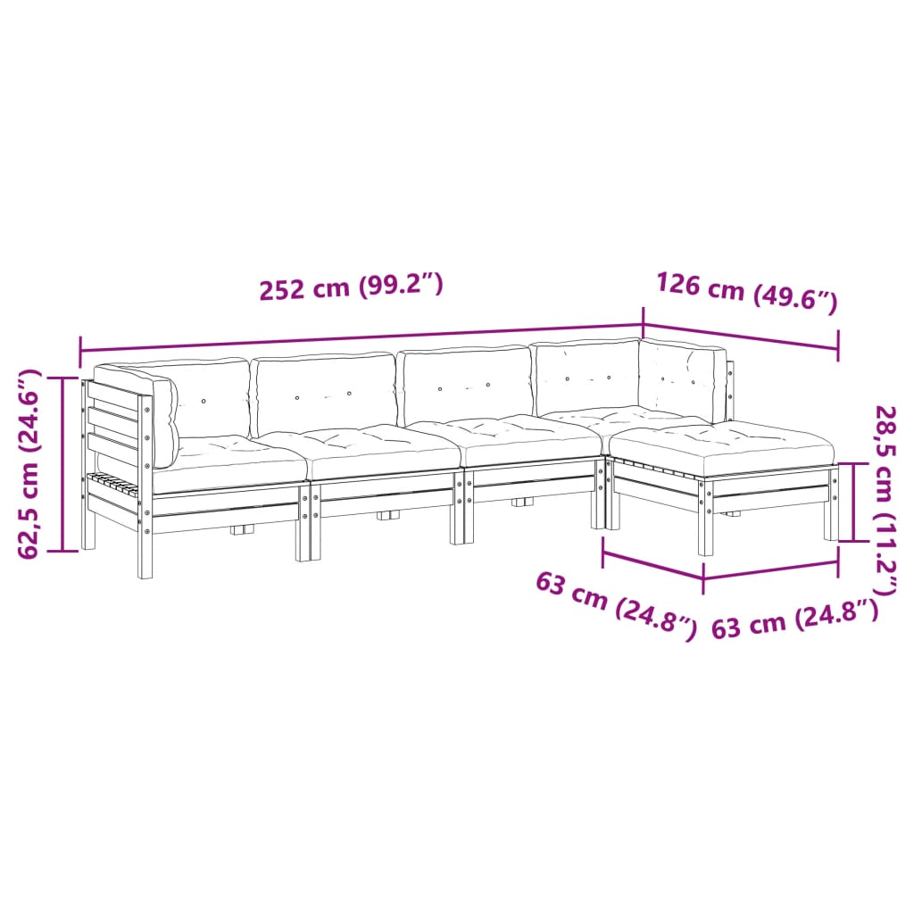 5-delige Loungeset met kussens geïmpregneerd grenenhout