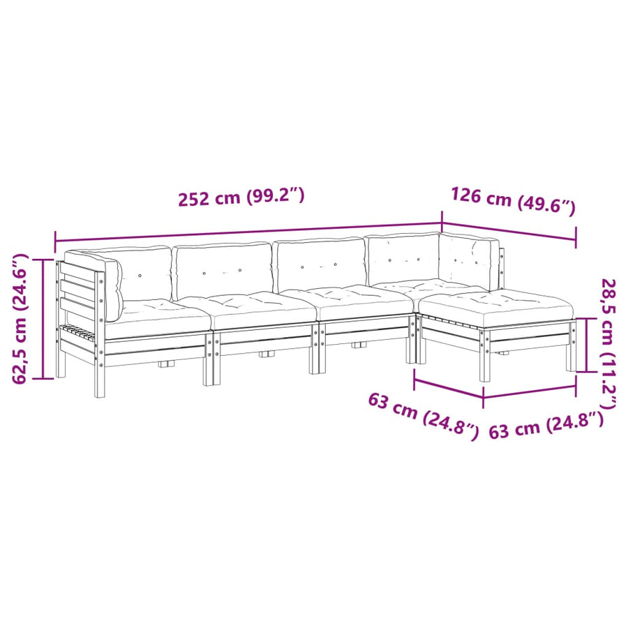 5-delige Loungeset met kussens geïmpregneerd grenenhout