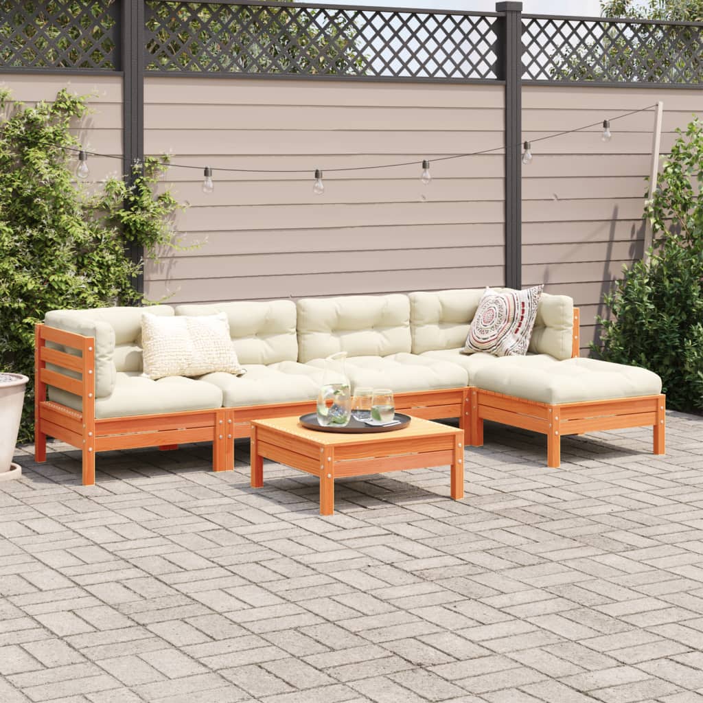 6-delige Loungeset met kussens massief grenenhout wasbruin