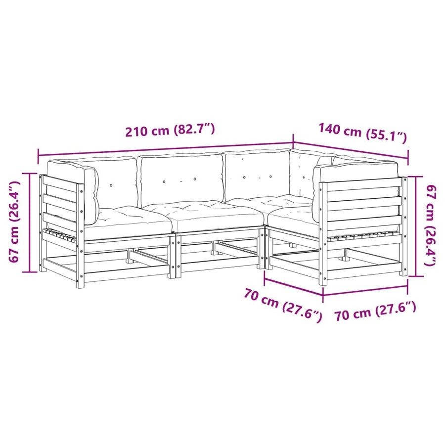 4-delige Loungeset met kussens massief grenenhout wasbruin