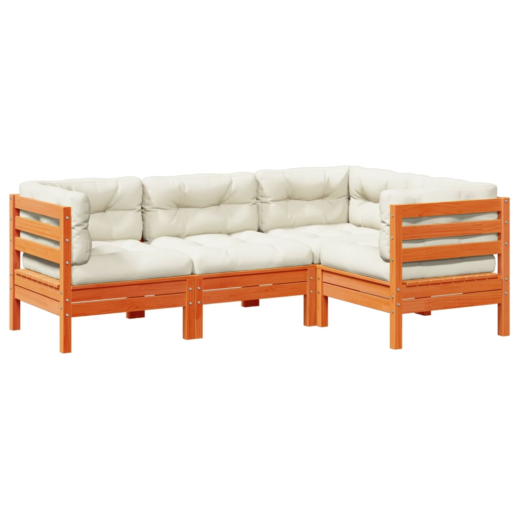 4-delige Loungeset met kussens massief grenenhout wasbruin