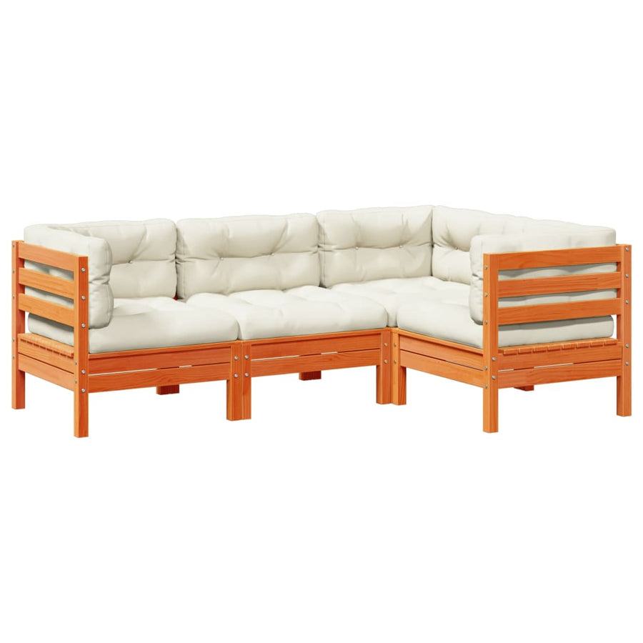 4-delige Loungeset met kussens massief grenenhout wasbruin