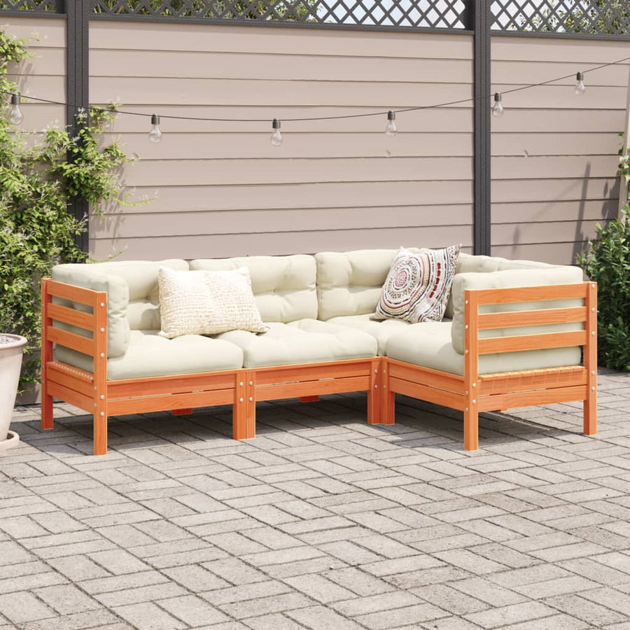 4-delige Loungeset met kussens massief grenenhout wasbruin