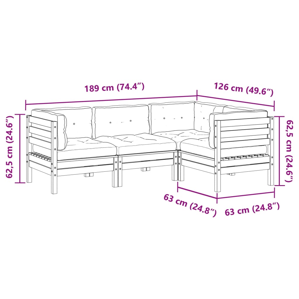 4-delige Loungeset met kussens massief douglas vurenhout