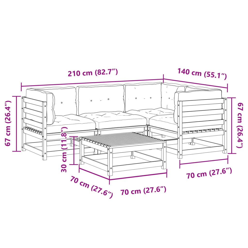 5-delige Loungeset met kussens massief grenenhout wasbruin