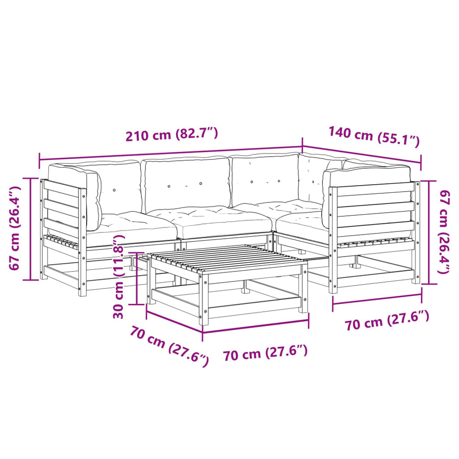 5-delige Loungeset met kussens massief grenenhout wasbruin
