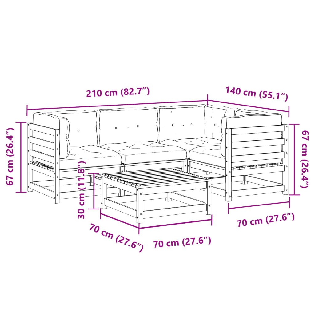 5-delige Loungeset met kussens geïmpregneerd grenenhout