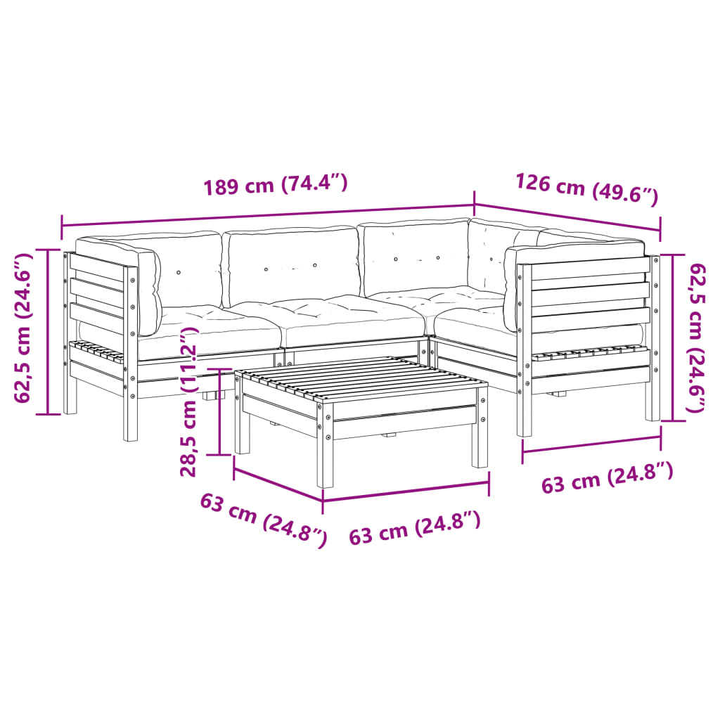 5-delige Loungeset met kussens massief grenenhout wasbruin