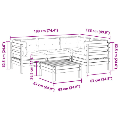 5-delige Loungeset met kussens massief grenenhout wasbruin