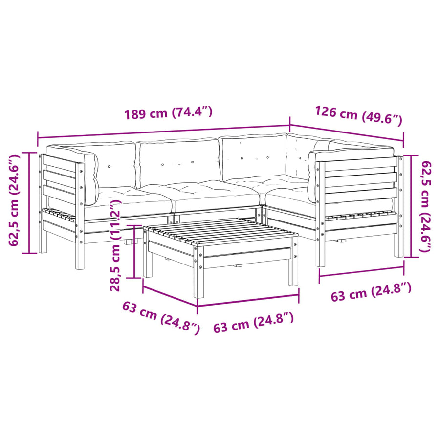 5-delige Loungeset met kussens massief grenenhout wasbruin