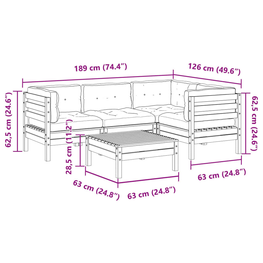 5-delige Loungeset met kussens massief douglas vurenhout