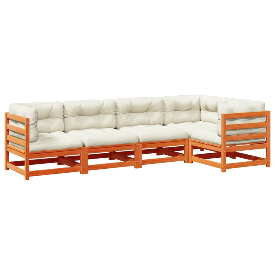 5-delige Loungeset met kussens massief grenenhout wasbruin