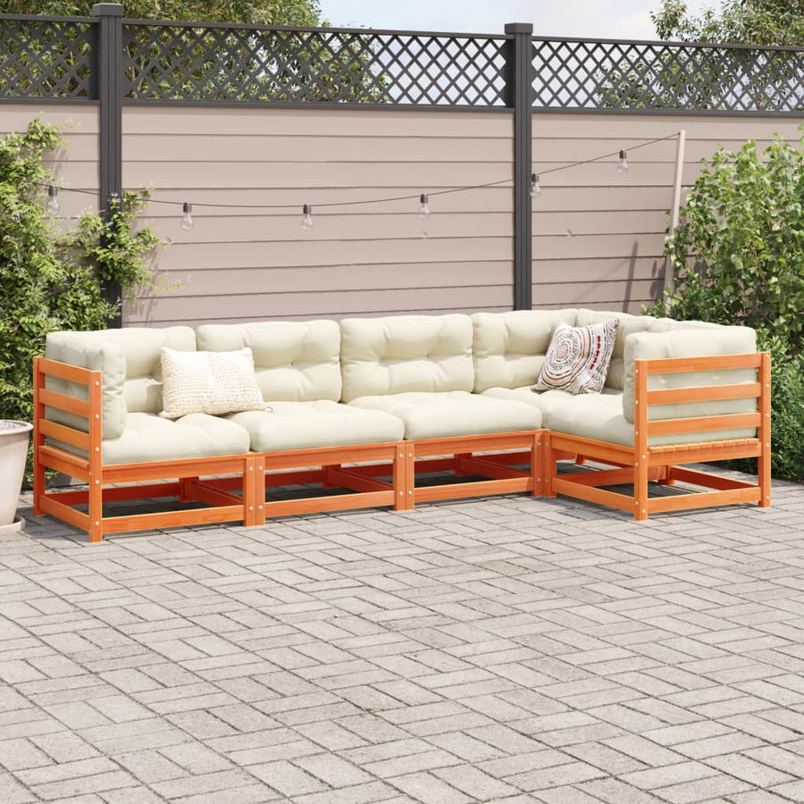 5-delige Loungeset met kussens massief grenenhout wasbruin
