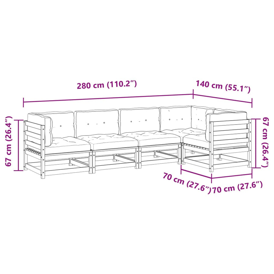 5-delige Loungeset met kussens massief grenenhout wasbruin