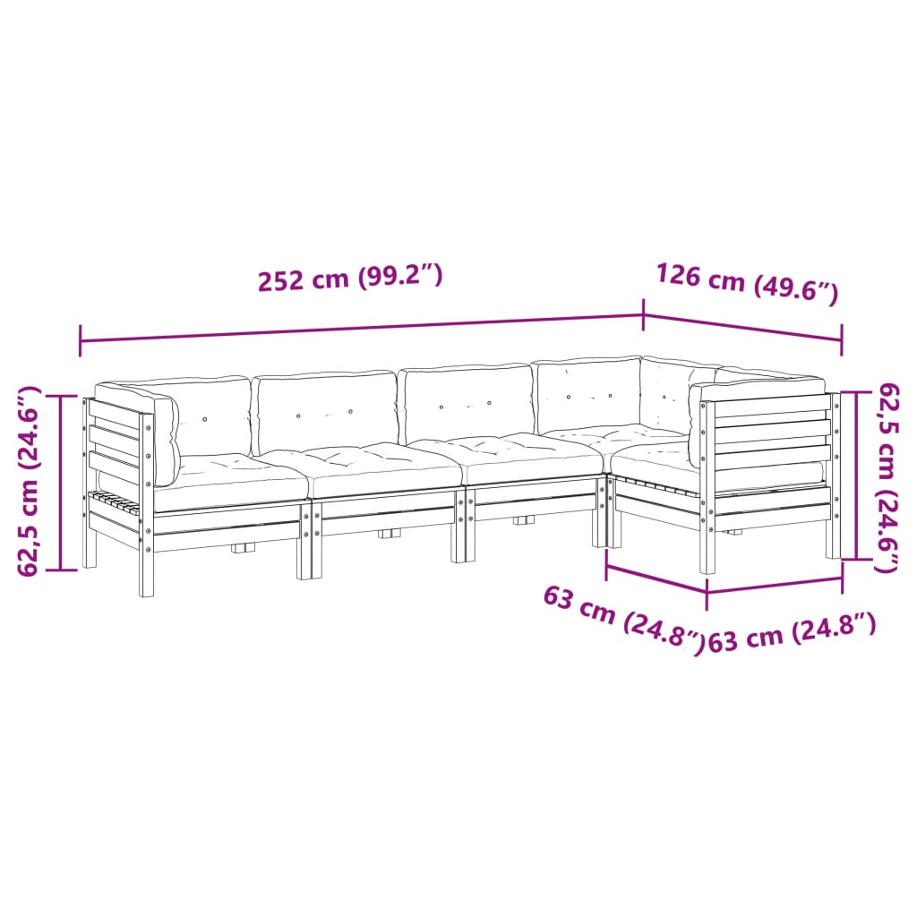 5-delige Loungeset met kussens massief douglas vurenhout