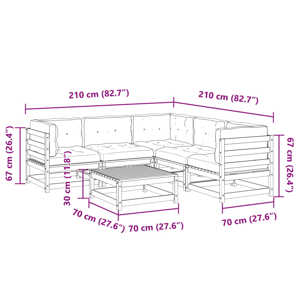 6-delige Loungeset met kussens massief grenenhout