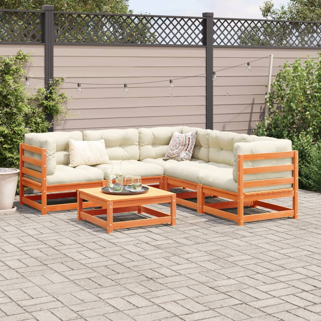 6-delige Loungeset met kussens massief grenenhout wasbruin