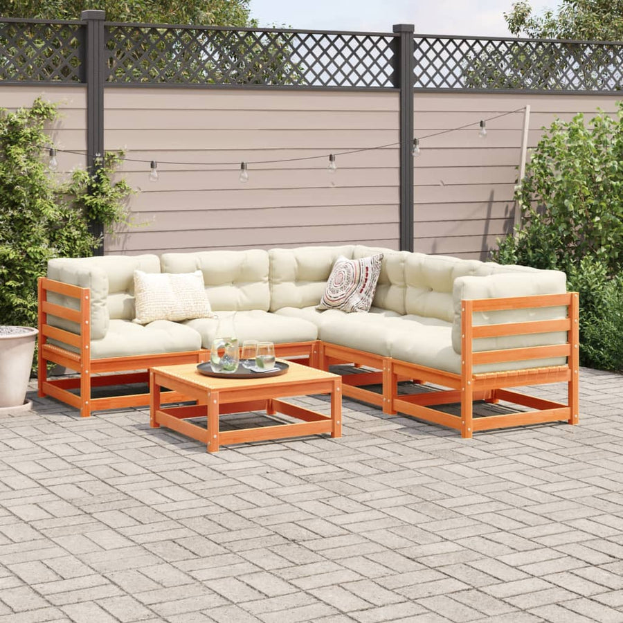 6-delige Loungeset met kussens massief grenenhout wasbruin