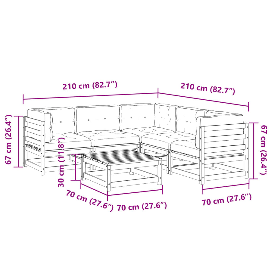 6-delige Loungeset met kussens massief grenenhout wasbruin
