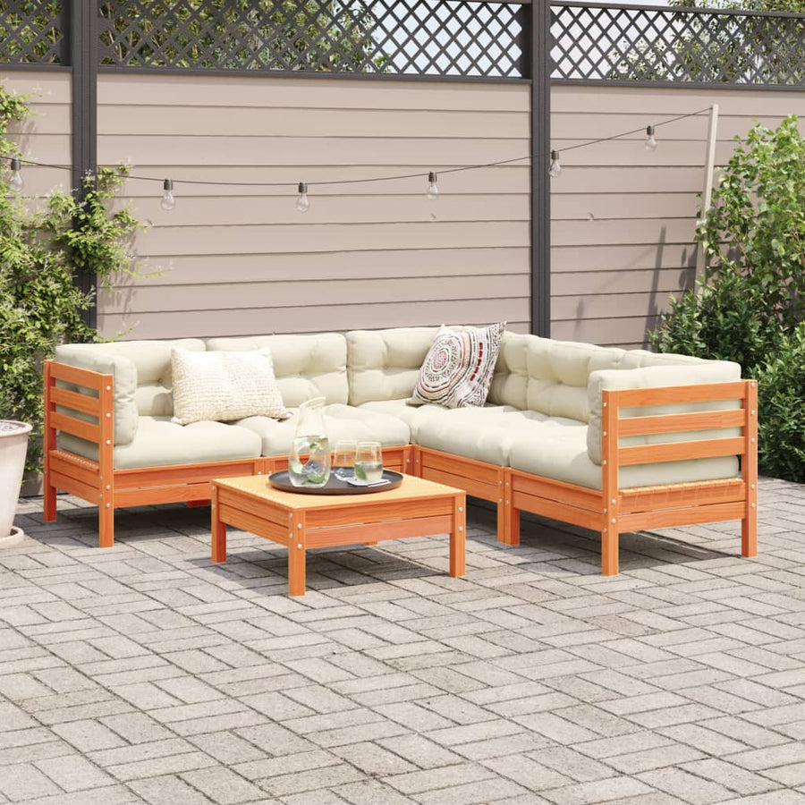 6-delige Loungeset met kussens massief grenenhout wasbruin