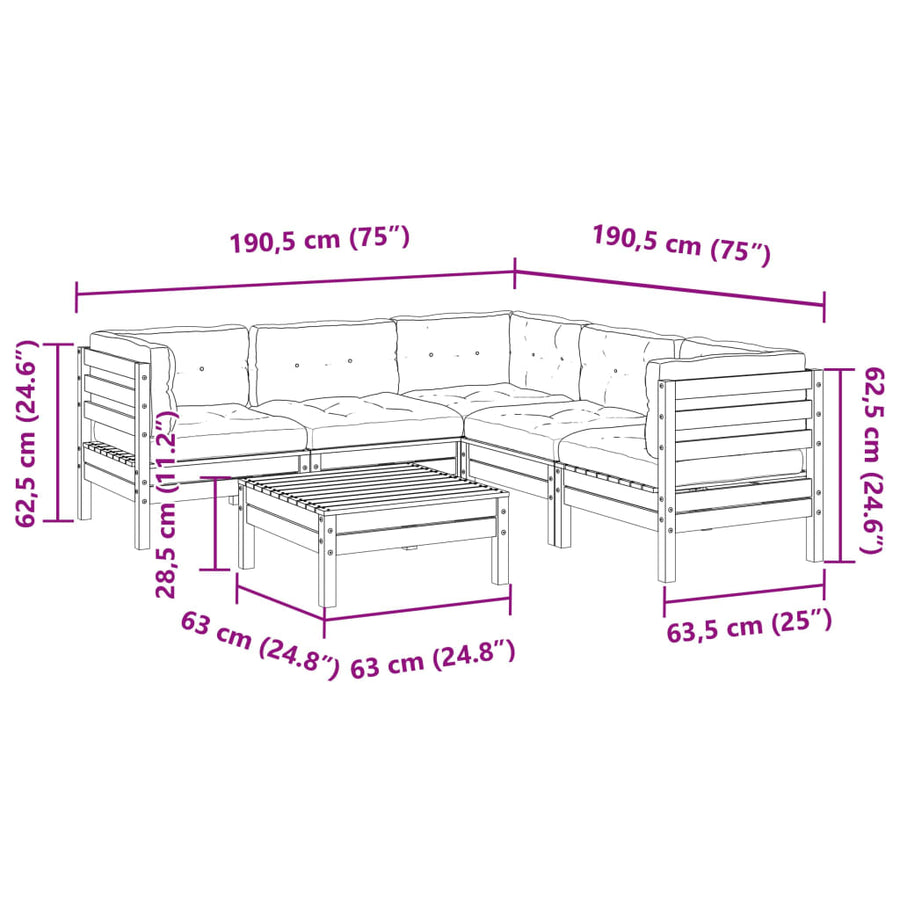 6-delige Loungeset met kussens massief douglas vurenhout