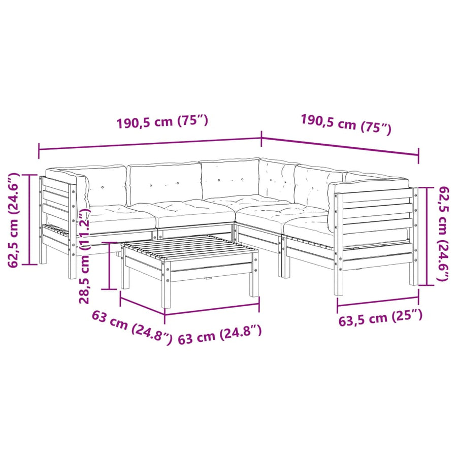 6-delige Loungeset met kussens geïmpregneerd grenenhout