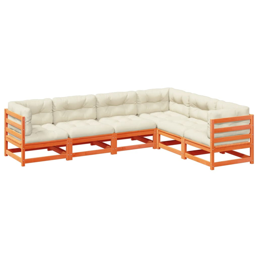 6-delige Loungeset met kussens massief grenenhout wasbruin