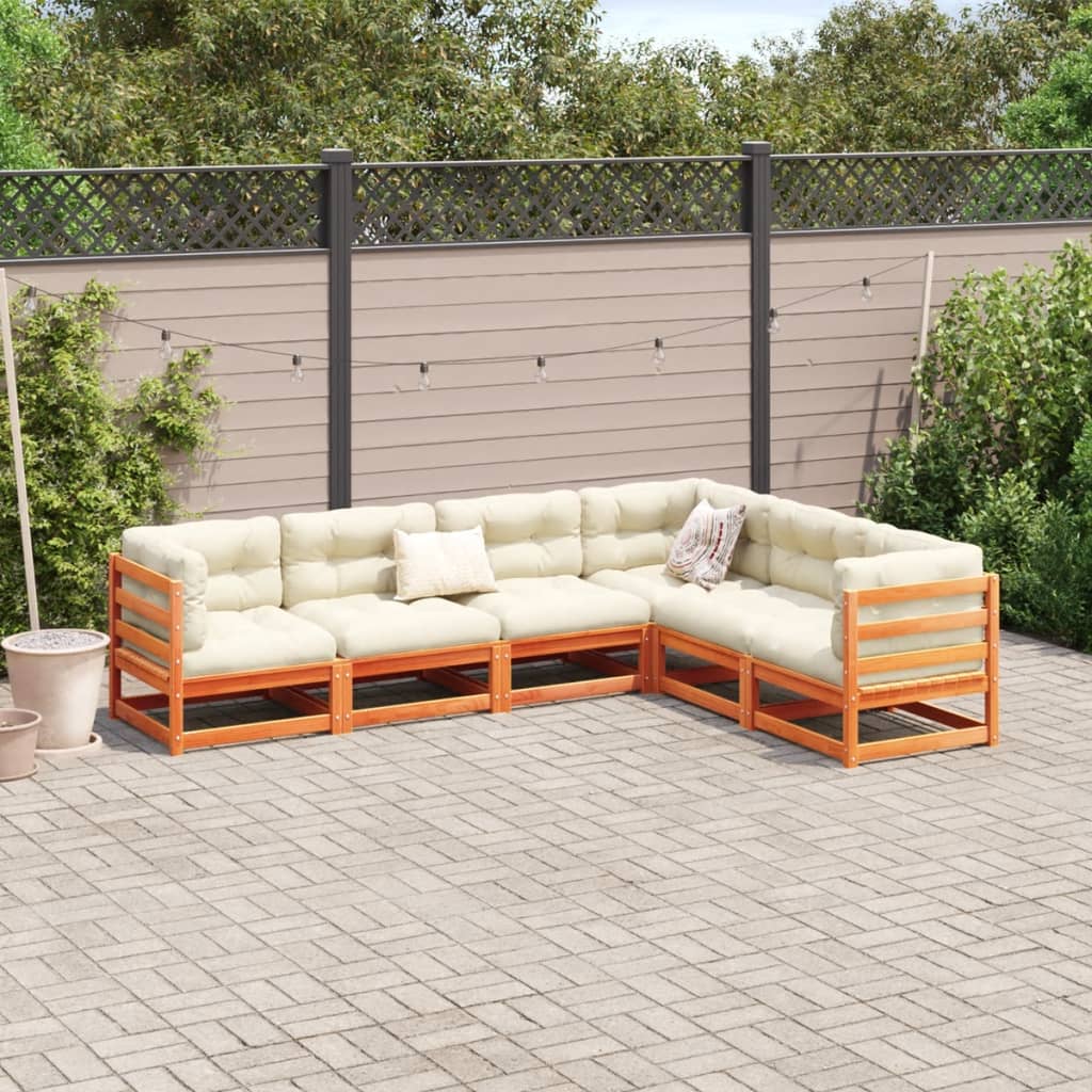 6-delige Loungeset met kussens massief grenenhout wasbruin