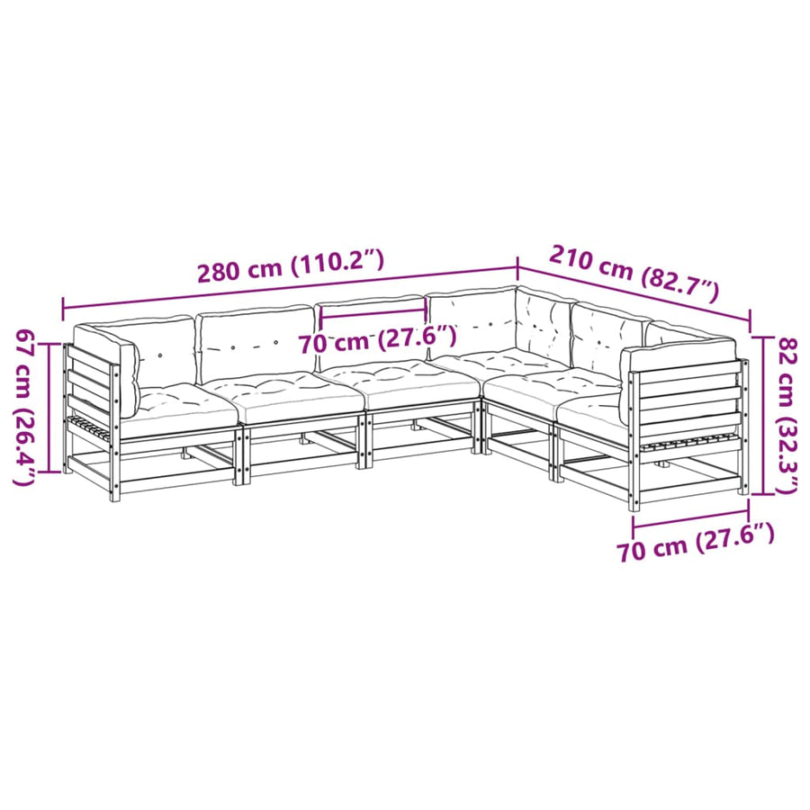 6-delige Loungeset met kussens massief grenenhout wasbruin