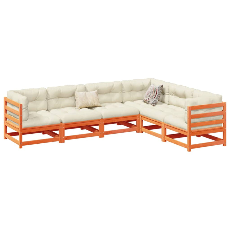 6-delige Loungeset met kussens massief grenenhout wasbruin
