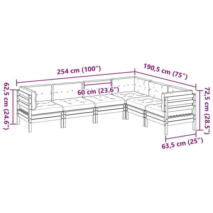 6-delige Loungeset met kussens massief grenenhout wasbruin