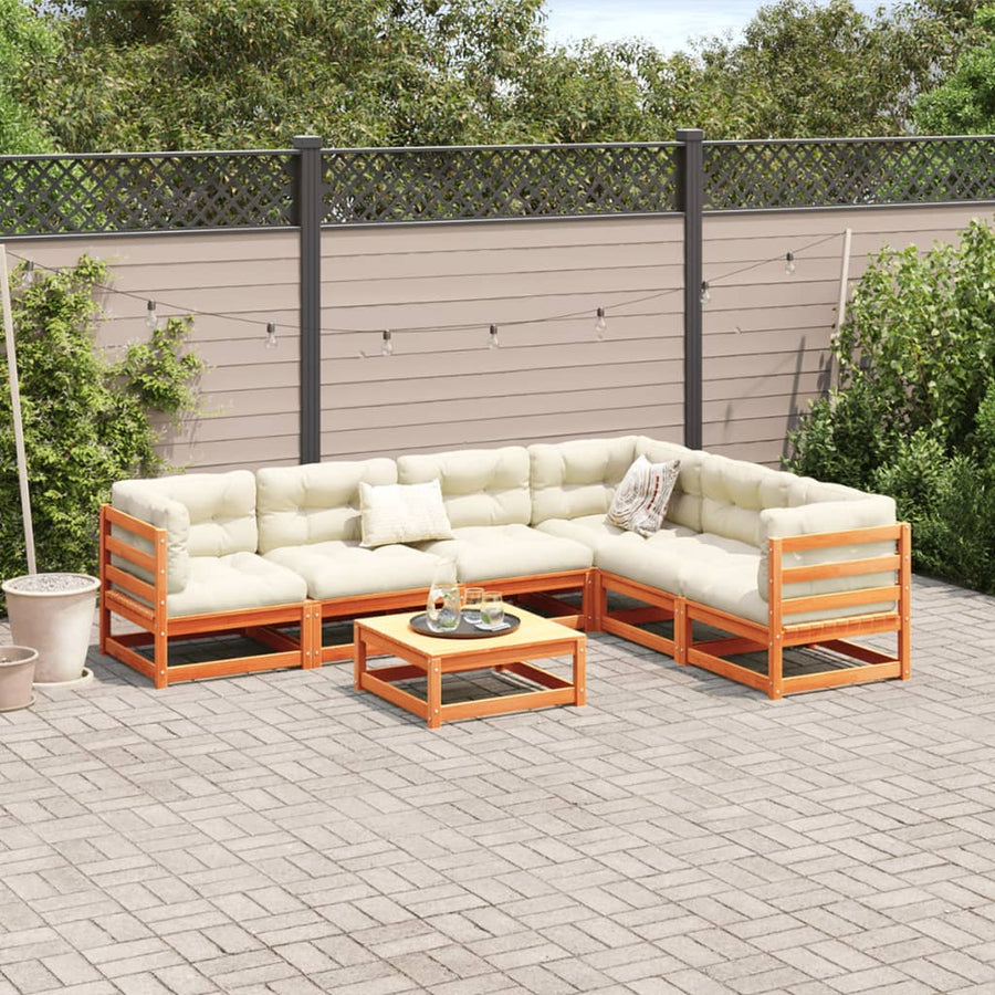 7-delige Loungeset met kussens massief grenenhout wasbruin