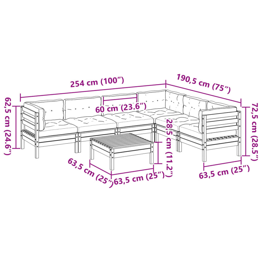 7-delige Loungeset met kussens massief douglas vurenhout