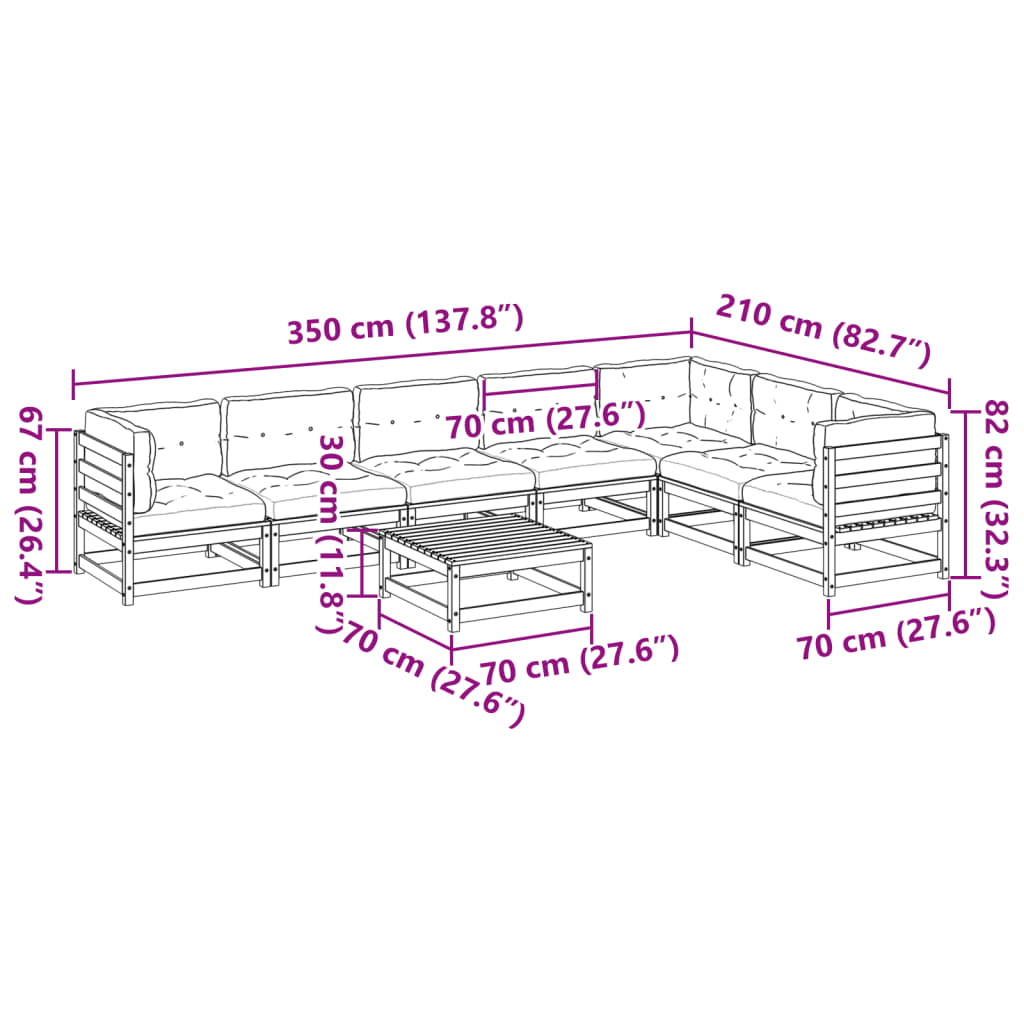 8-delige Loungeset met kussens massief grenenhout wasbruin