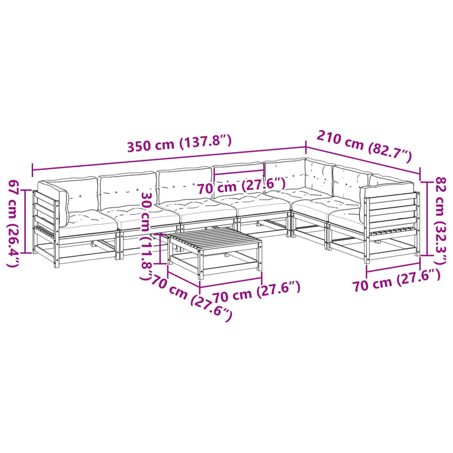 8-delige Loungeset met kussens massief grenenhout wasbruin